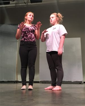 FELICITY Kratky, who plays Tracy and Maggie Brown, who plays her best friend Penny, rehearse a scene.