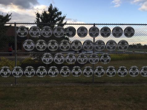 Paper soccer balls on a fence with the girls soccer teams last names and numbers