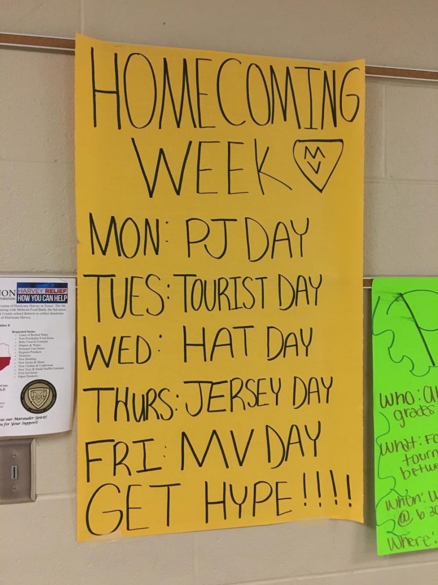 A poster showing the spirit days for homecoming week. Monday: PJ Day. Tuesday: Tourist Day. Wednesday: Hat Day. Thursday: Jersey Day. Friday: MV Day.