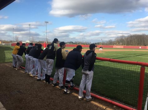 The baseball team is lined up at the fence, watching the game