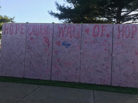 The pink Wall of Hope, with messages and drawings done by race participants.