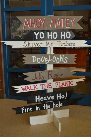 A set of pirate-themed signs: "Ahoy Matey," "Yo Ho Ho," "Shiver Me Timbers," "Doubloons," "Jolly Rodger," "Walk the Plank," "Heave Ho," and "Fire in the Hole."