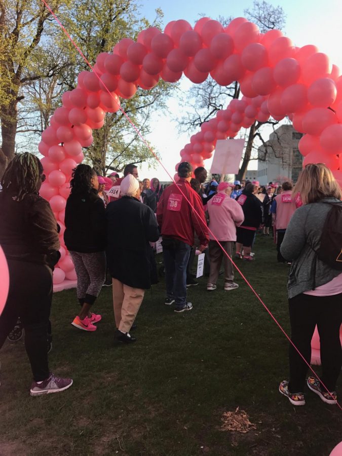 Participants walk through the pink balloon archways at Race for the Cure