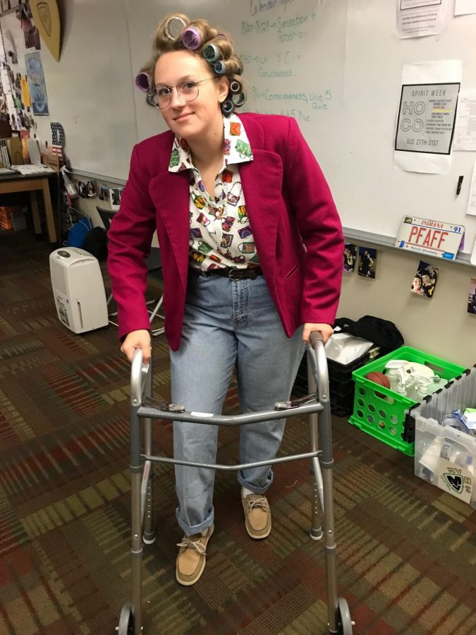 A student dressed as an old lady