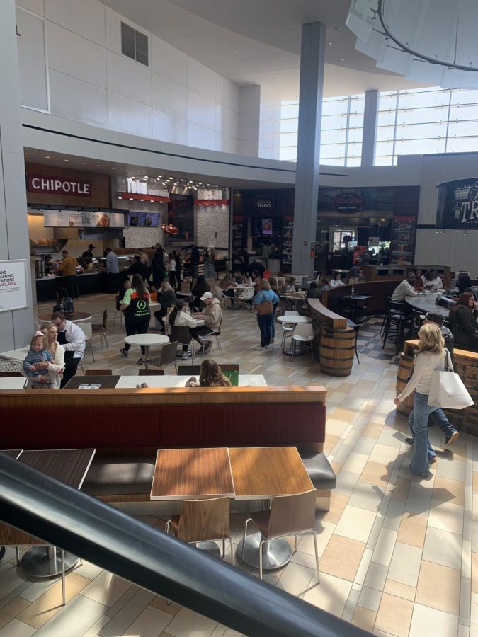 The food court has places to get many different kinds of food. There are restaurants that serve Mexican food, American food, Chinese food, and tea. They are great for people who want something to eat while shopping. 
