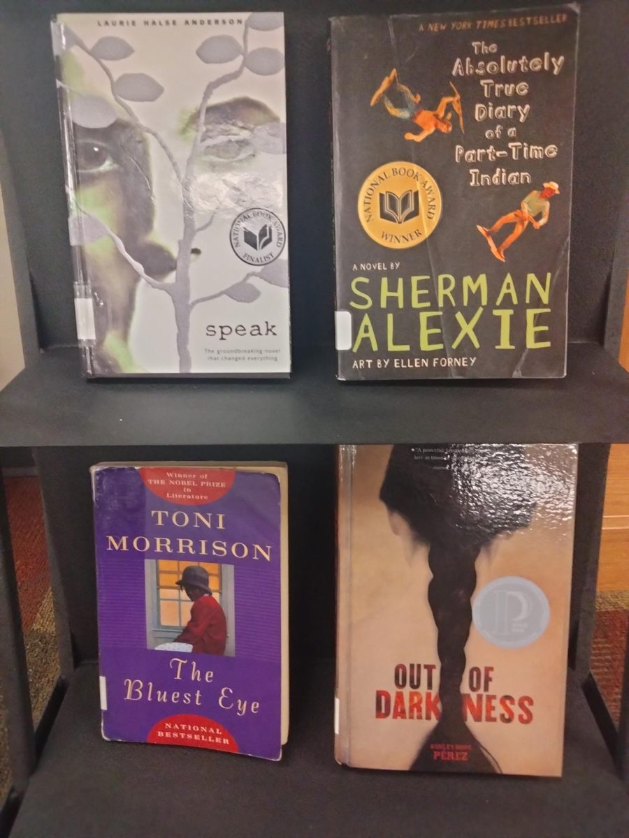 A collection of banned books that are currently available in the Mount Vernon High School library.
