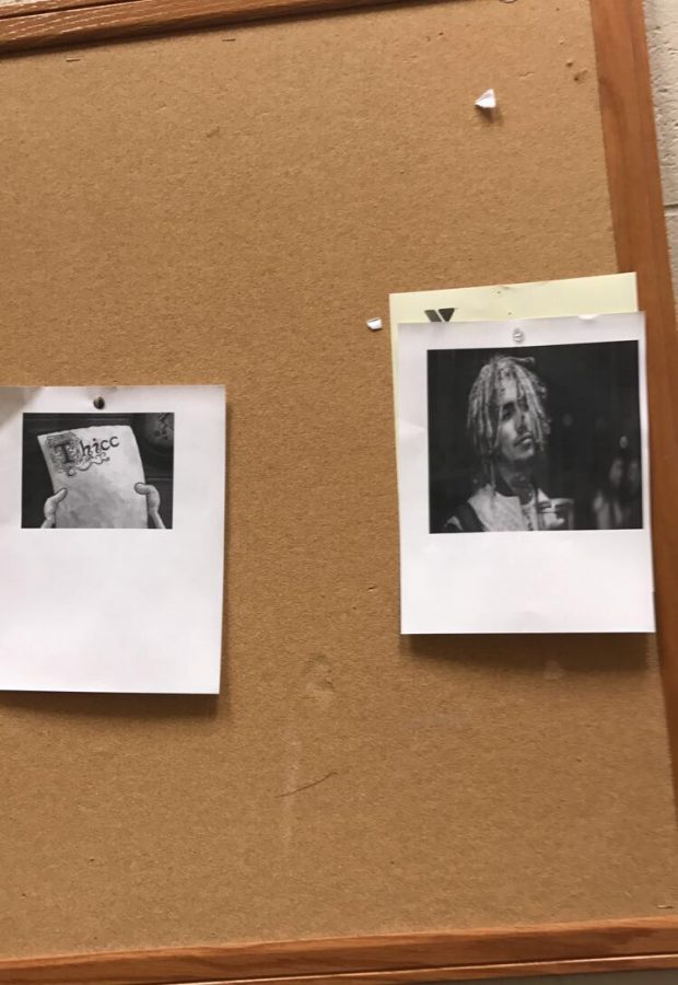 picture of school bulletin board with Lil Pump's picture hung on it.