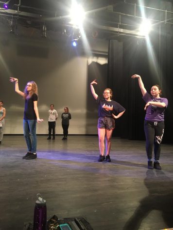 Dancers rehearse choreography under the lights on stage.