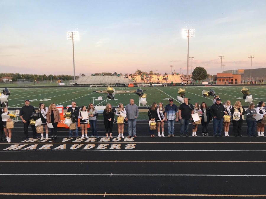 The football cheer seniors were presented with balloons