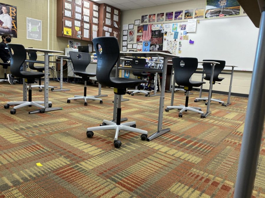 Very spread out classroom, about 3 feet apart.