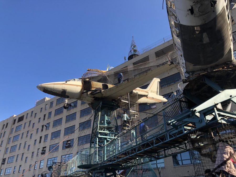 Multiple stripped planes to climb in and out of in the outdoor climbing structure.