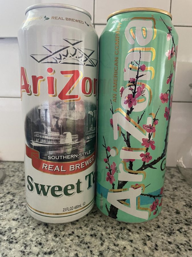 Arizona sweet tea paired with green tea. Arizona Tea cans are made from recycled aluminum. 
