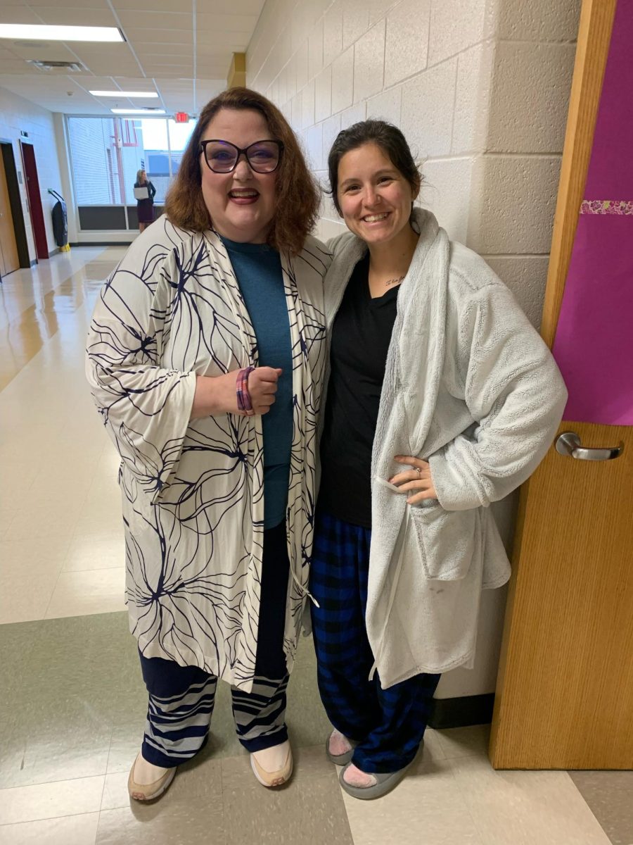 The first day was pajama day where everyone got to wear their pjs, robes and slippers. This is Mrs. Armstrong and Mrs. Kessinger from the English department, decked out in their cozy outfits.
