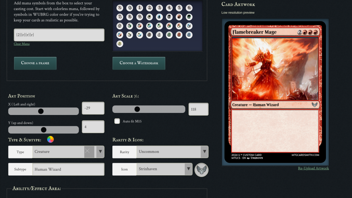 A new, blank card in the editor, it is a red human wizard.