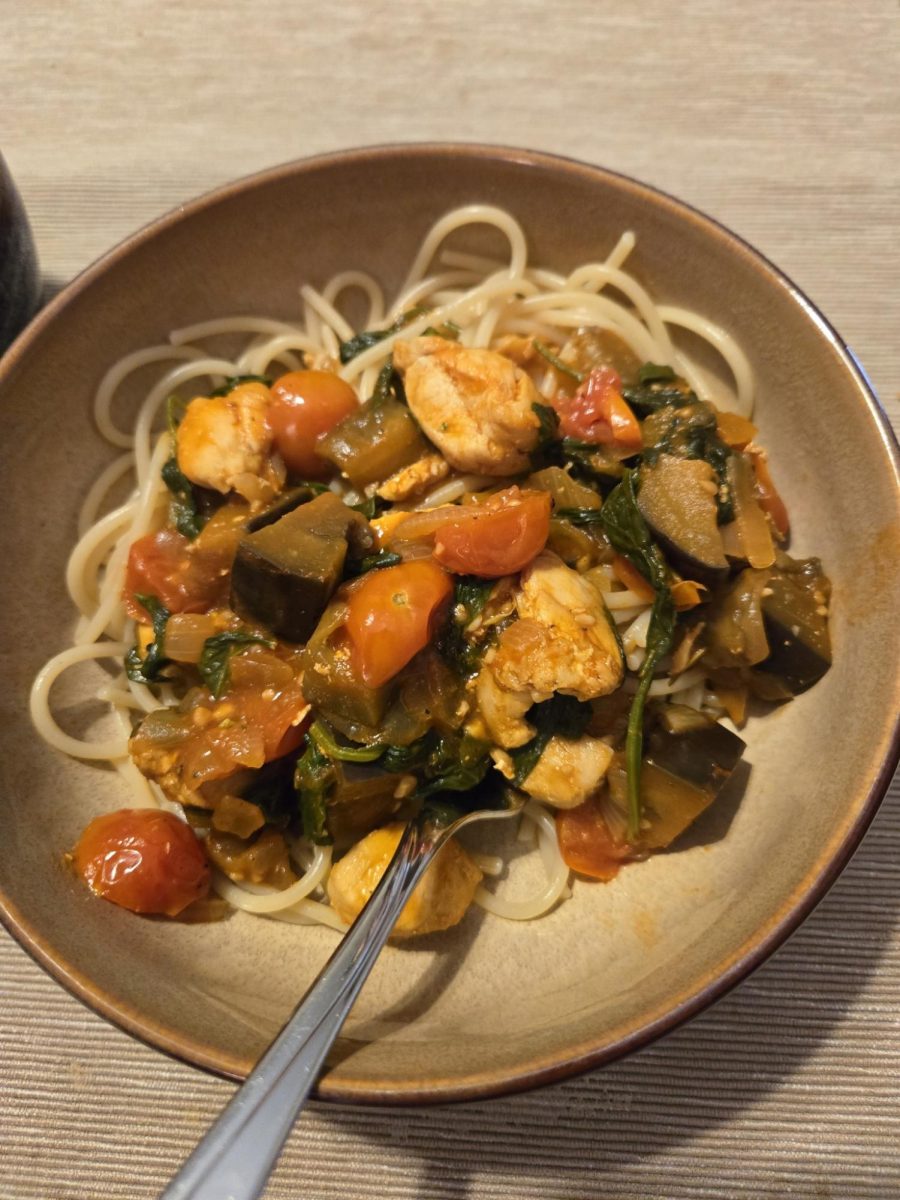 This is the first meal I attempted, a pasta dish with tomato, eggplant and chicken. I should have let less of the liquid cook off.
